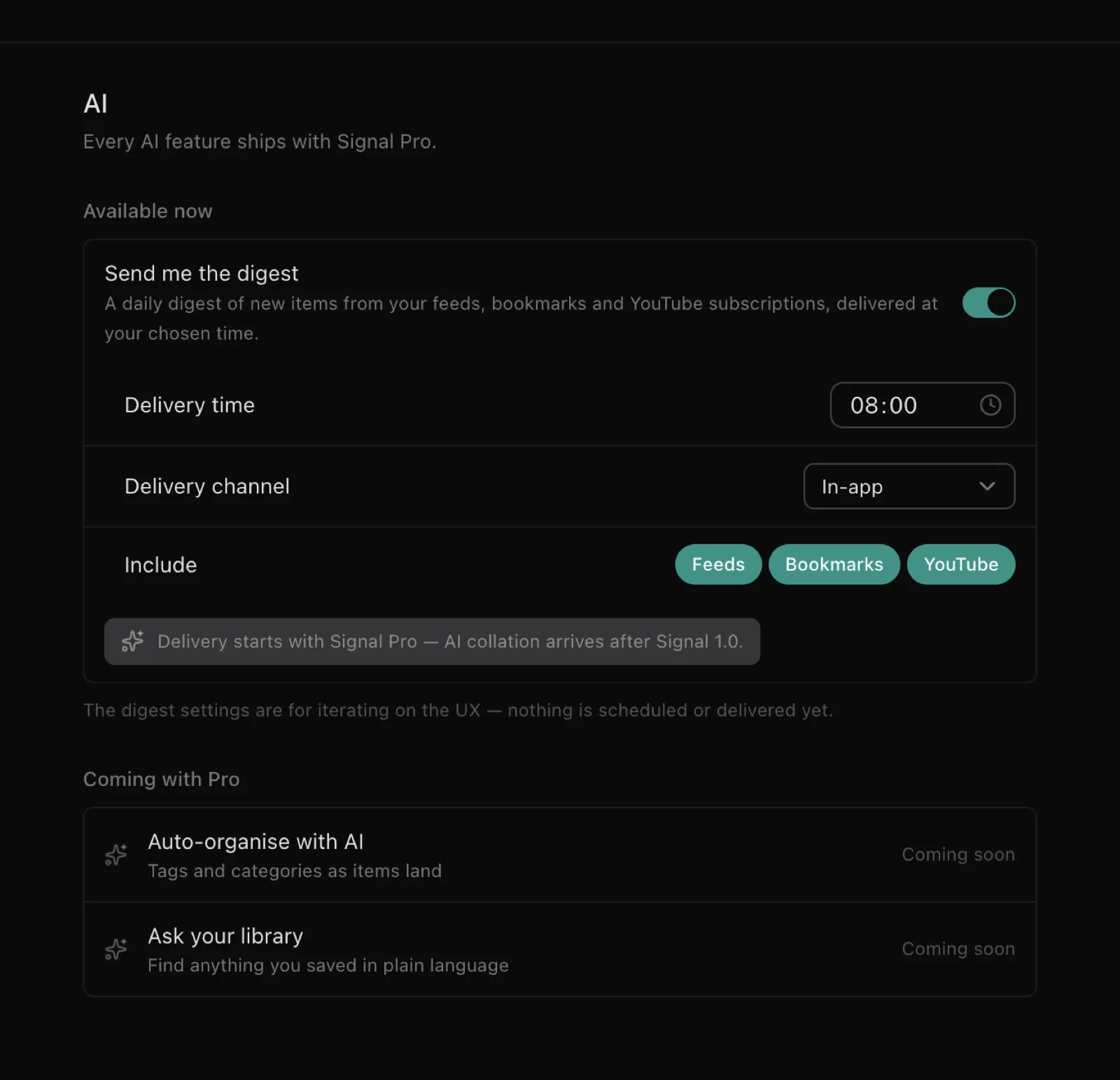 Signal's AI settings: the daily digest toggle on, delivery time and channel set, source chips selected.
