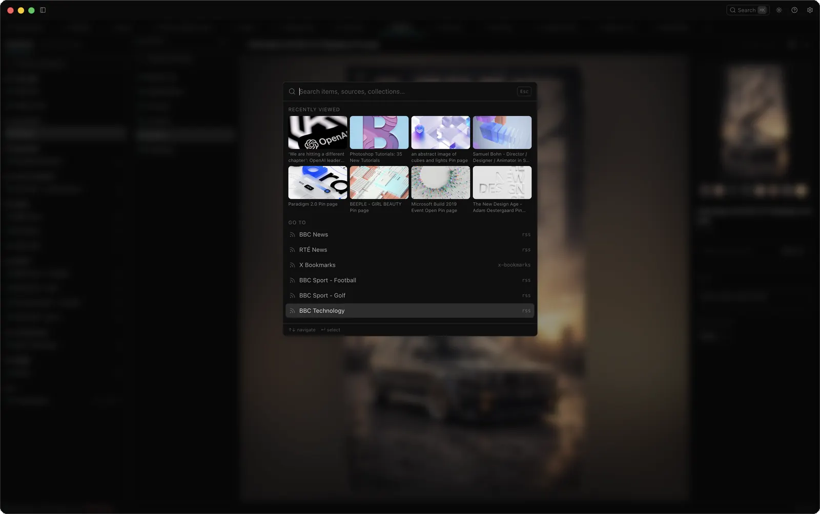 Signal's command palette open, showing recently viewed items and a jump-to-source list.