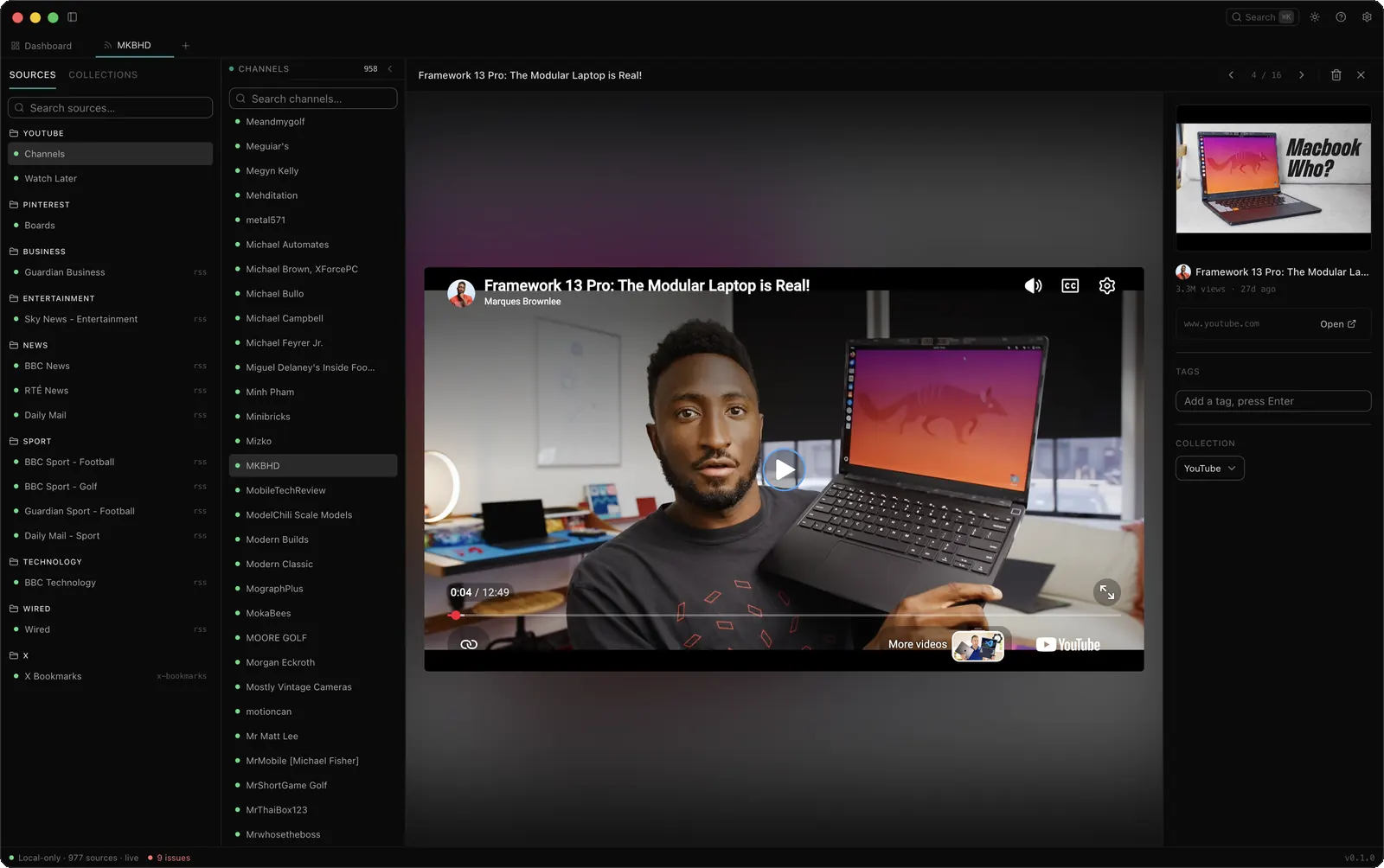 A saved video playing inside Signal's detail view, with the channel list beside it.