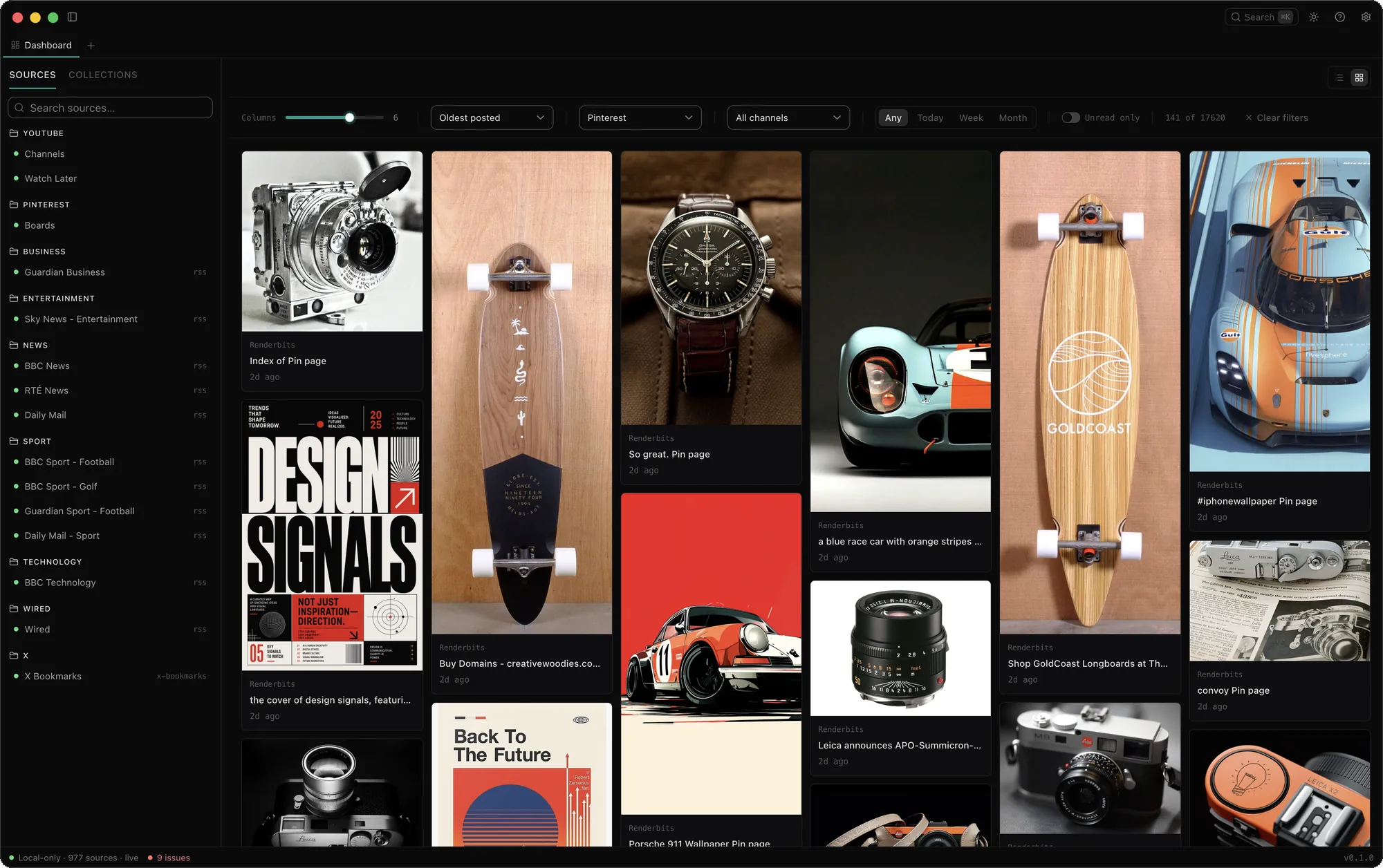 The Signal dashboard: a sidebar of sources beside a dense masonry board of saved items.