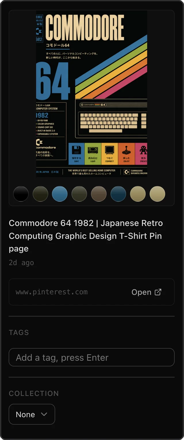 The detail side panel close up: a colour palette pulled from the image, the title, source link, tags and collection controls.