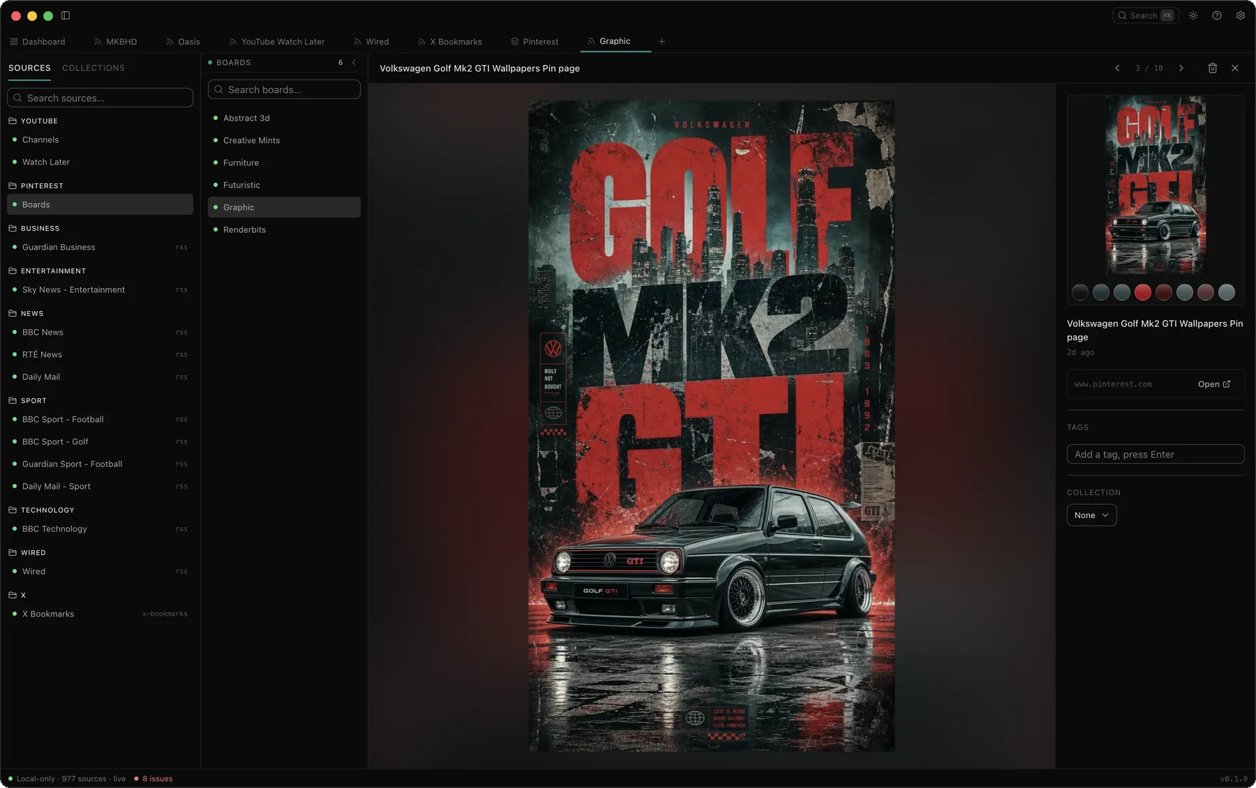 A saved Volkswagen Golf GTI poster open in Signal's detail view, filling the window.