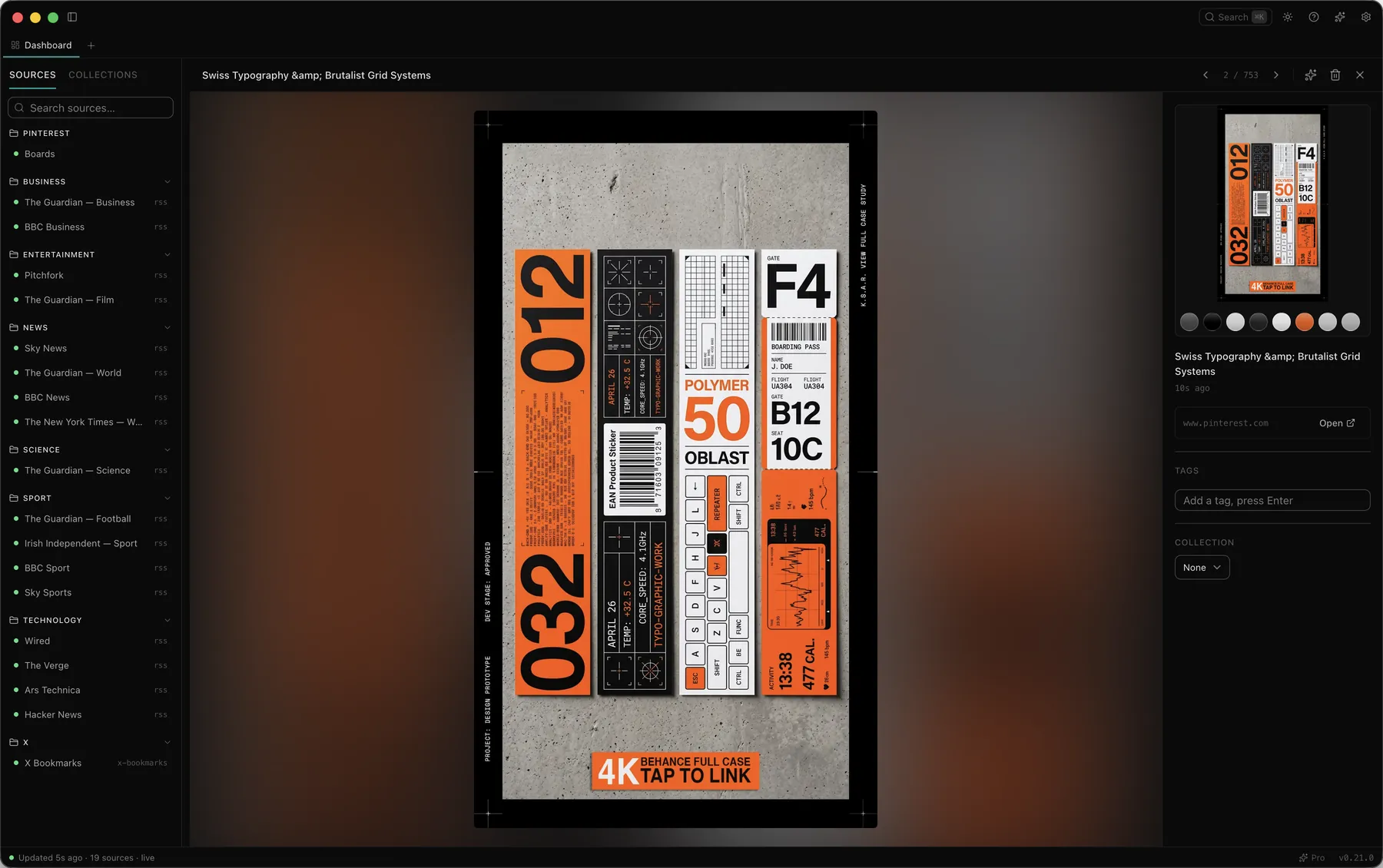 A saved Swiss-typography brutalist poster open in Signal's detail view, filling the window.