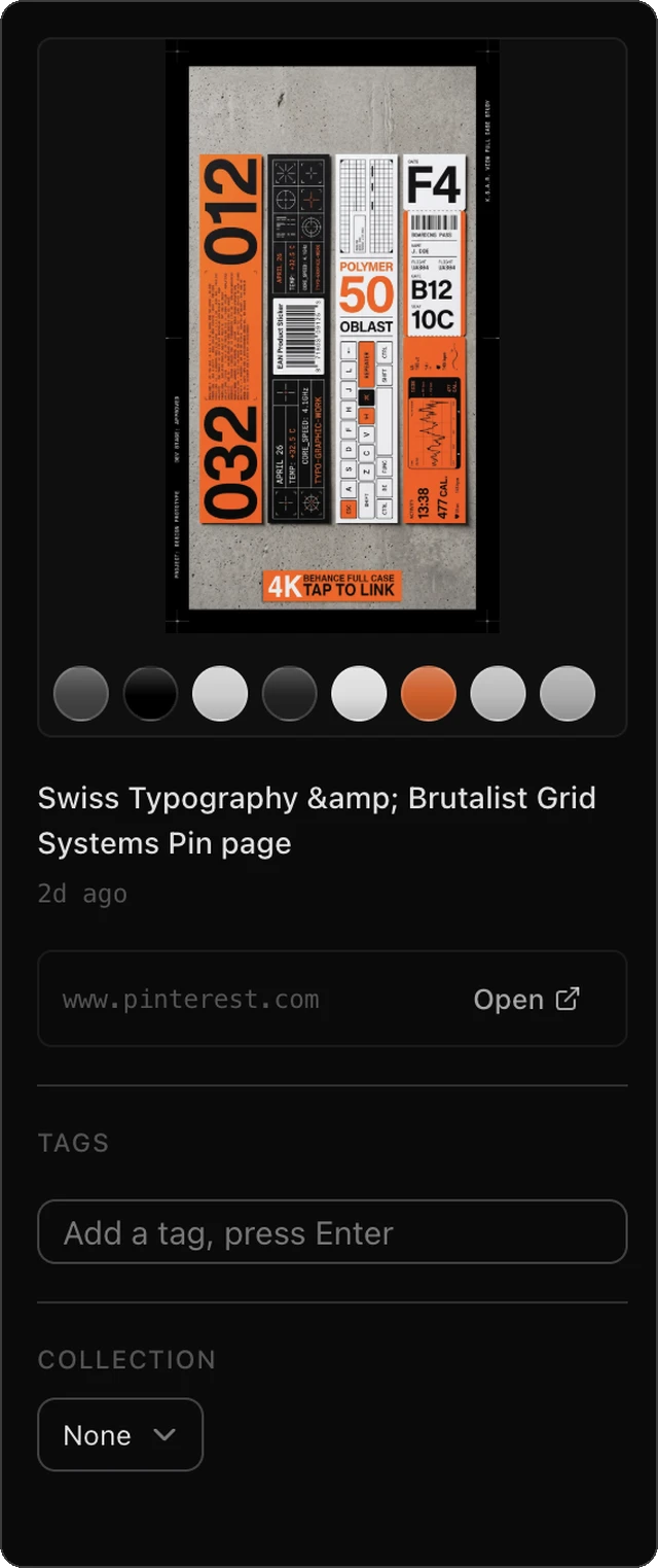 The detail side panel close up: the colour palette pulled from the poster, its title, source link, tags and collection controls.